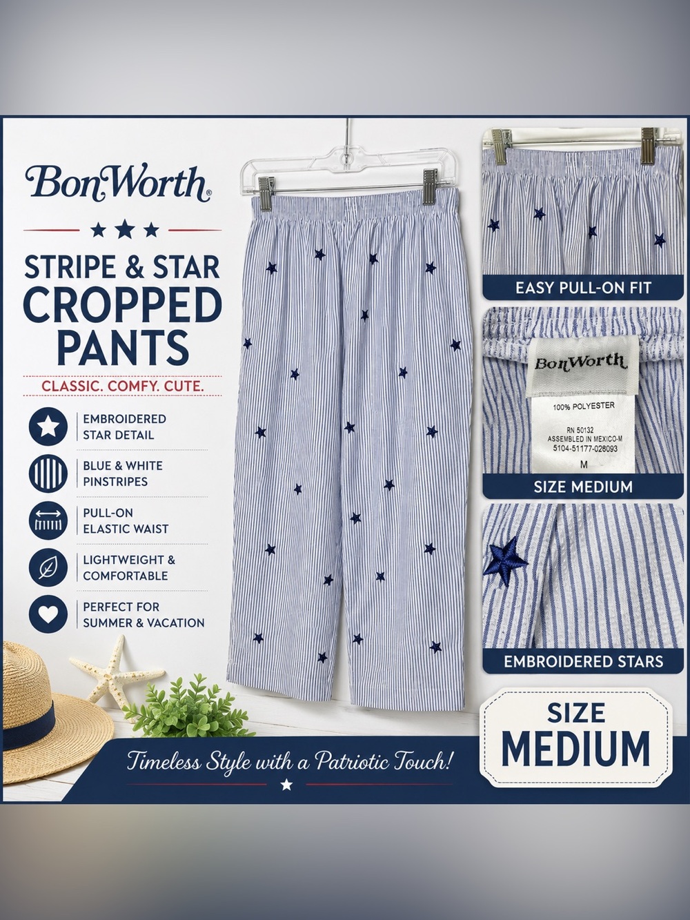 BonWorth Blue & White Pinstripe Star Pull-On Pants